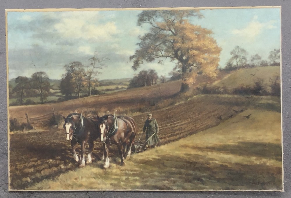 An oil painting on canvas depicting a farmer ploughing a rural hillside field with two draft horses on an autumn day.