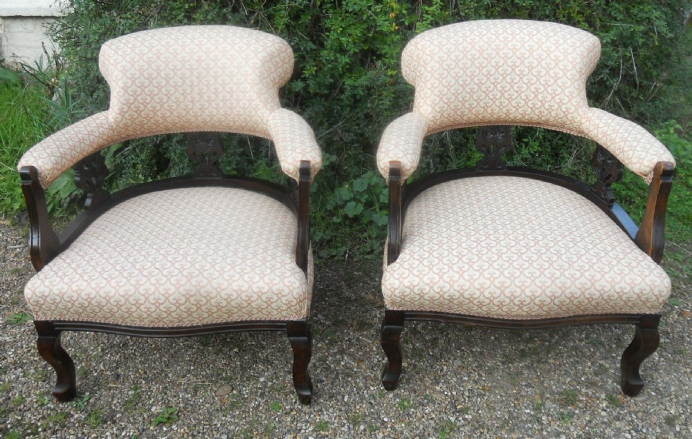 Pair Edwardian Mahogany Framed Tub Armchairs 