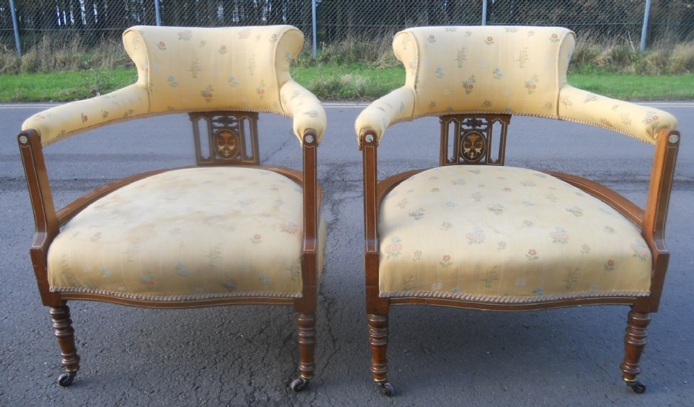 Pair Edwardian Inlaid Mahogany Tub Armchairs 