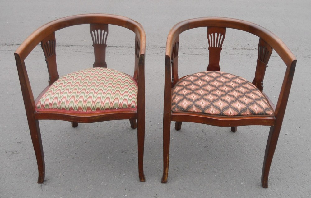 Pair Edwardian Mahogany Tub Salon Armchairs 