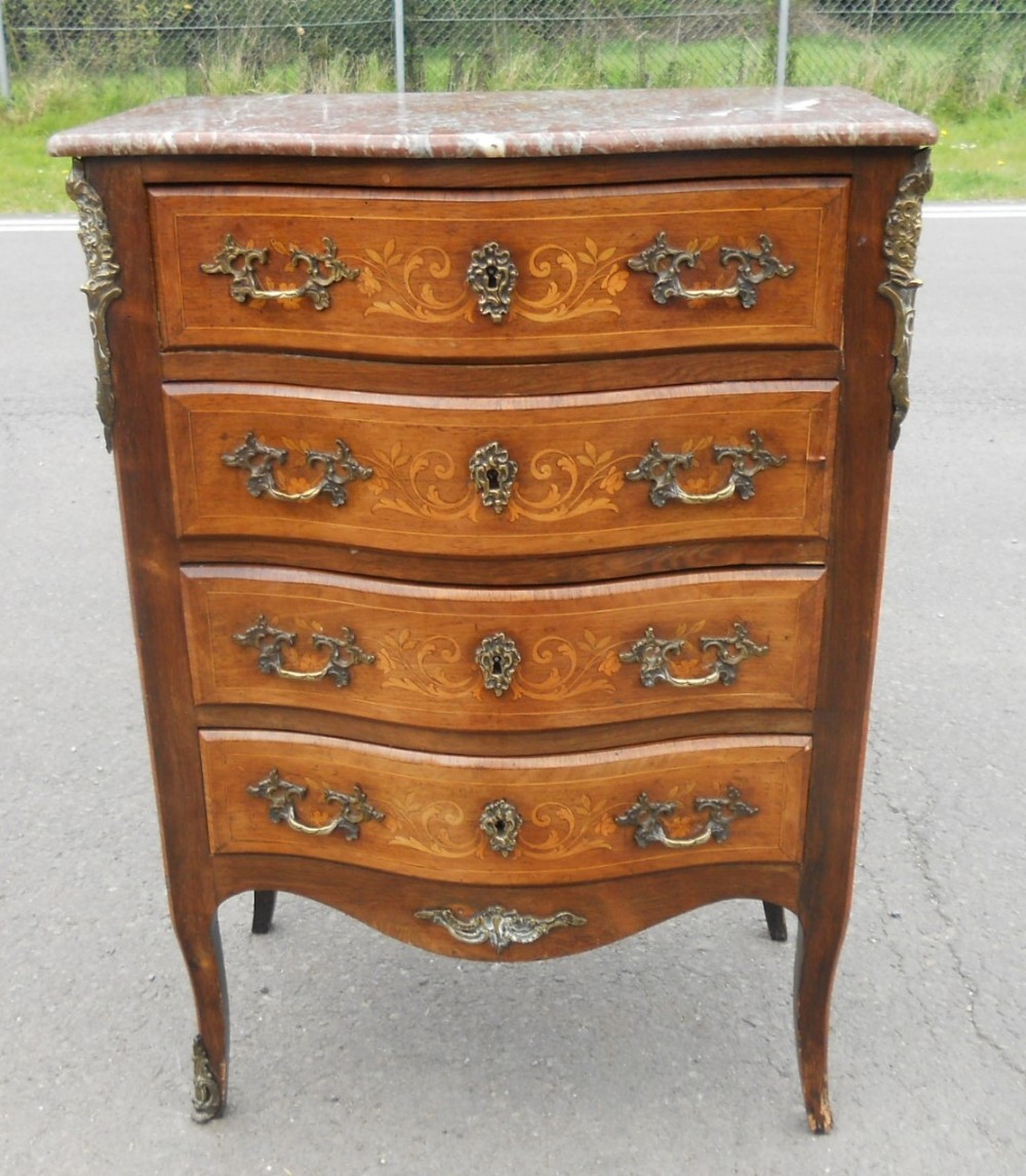 French Marble Top Small Walnut Inlaid Chest of Drawers