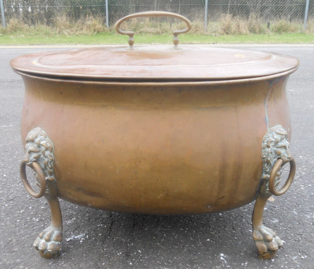 Large Oval Brass Lidded Log Bin