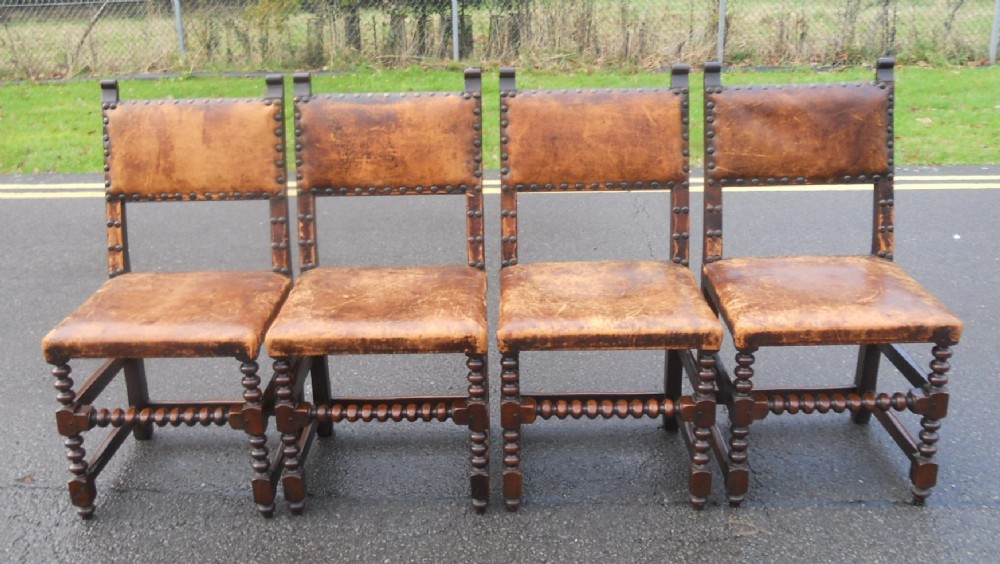 Set of Four Cromwellian Style Leather Covered Dining Chairs 