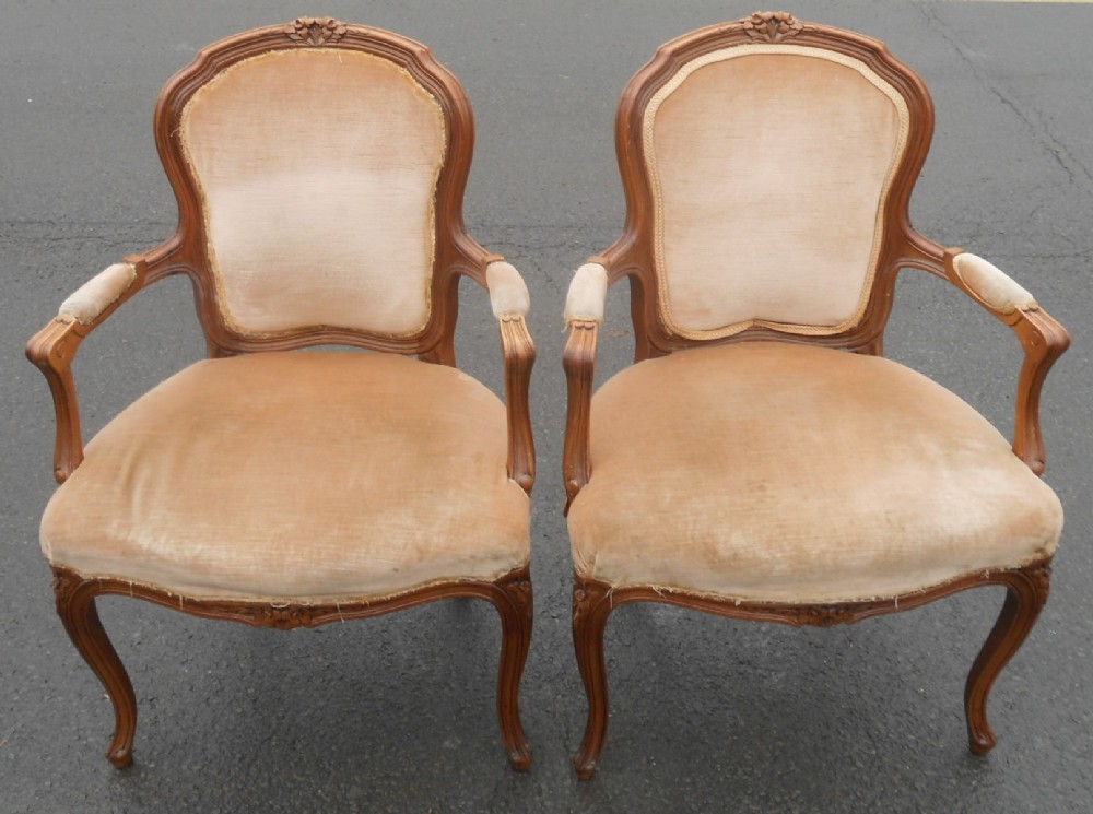 Pair French Walnut Salon Armchairs 