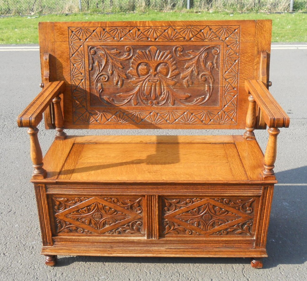 Golden Oak Carved Monks Bench 