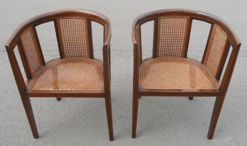 Pair Edwardian Inlaid Mahogany Tub Armchairs 