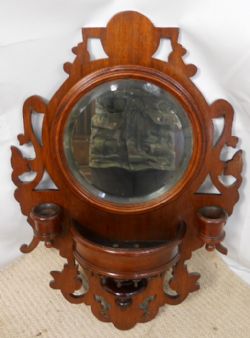 SMALL EDWARDIAN ORNATE MAHOGANY FRAMED HANGING WALL MIRROR
