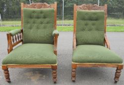 PAIR EDWARDIAN WALNUT LADIES GENTLEMAN'S DRAWING ROOM ARMCHAIRS