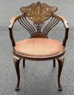 EDWARDIAN MARQUETRY INLAID MAHOGANY SALON ARMCHAIR