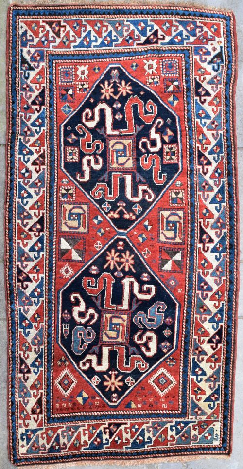 antique caucasian cloudband kazak rug 248x126 cm - CATEGORY: ANTIQUE RUGS - DATED 1880