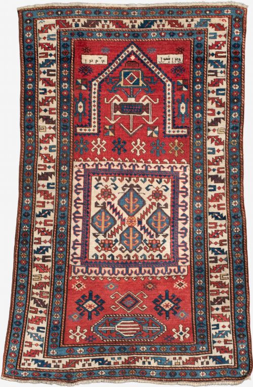 AN ANTIQUE KAZAK PRAYER RUG CIRCA 1873 145X92CM