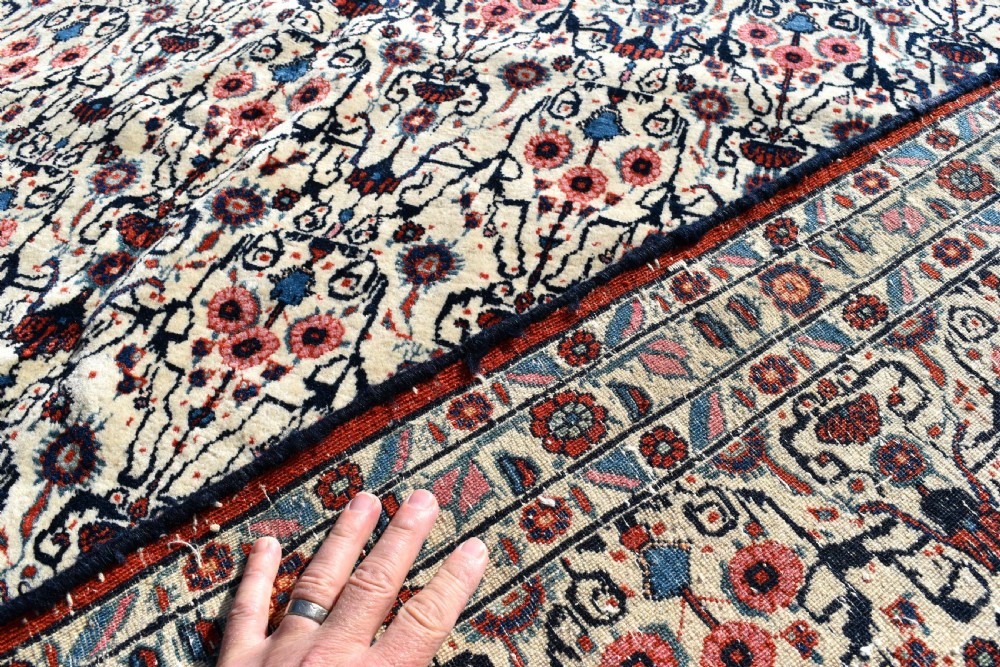 An antique Persian Tehran carpet featuring an intricate overall floral pattern in tones of ivory, blue, and red with a detailed multi-stripe border. View VII