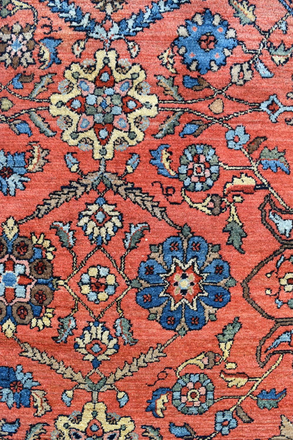 An antique Persian Lilihan wool carpet featuring a terracotta pink field woven with blue floral motifs and framed by a dark navy ornate border. View V