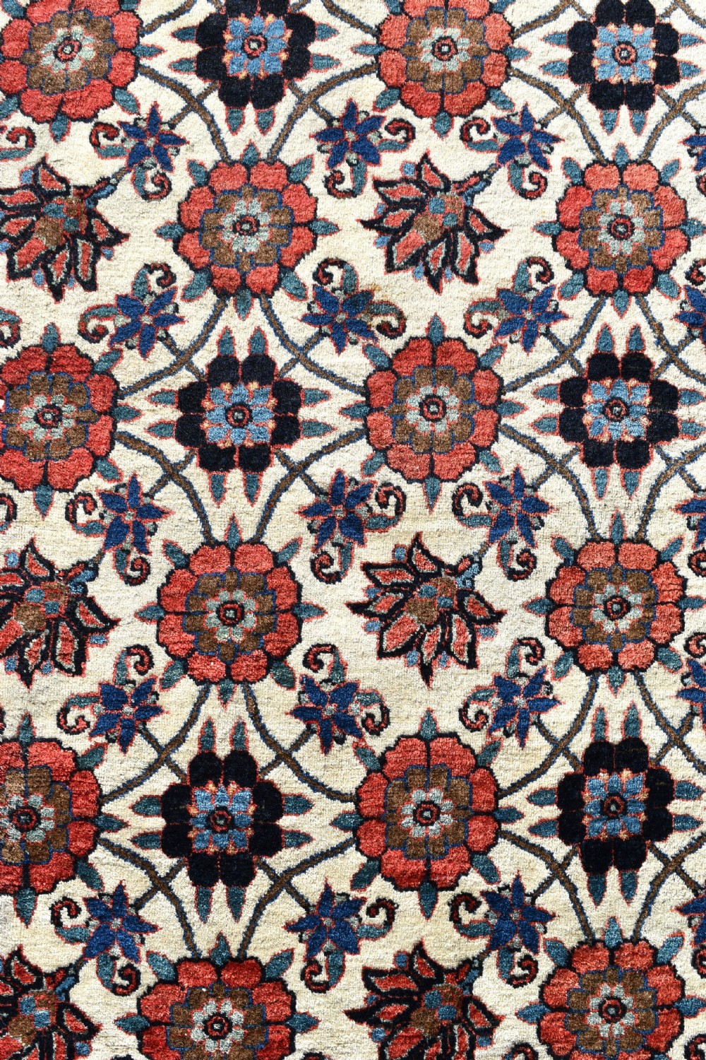 An antique Persian Veramin hand-knotted wool carpet featuring a repeating floral trellis pattern on an ivory field surrounded by multi-band borders. View III
