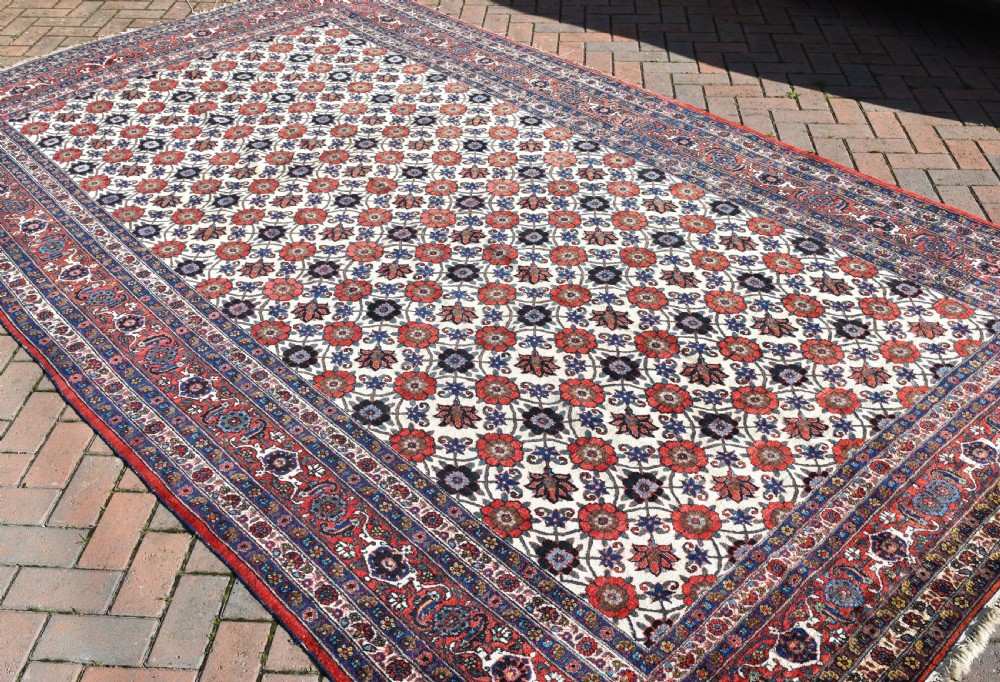 An antique Persian Veramin hand-knotted wool carpet featuring a repeating floral trellis pattern on an ivory field surrounded by multi-band borders. View VII
