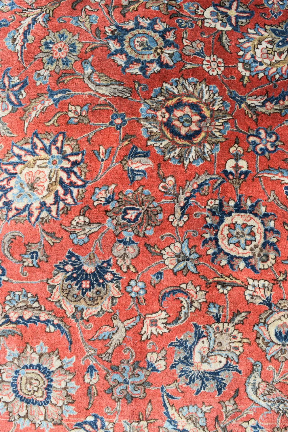 A large hand-knotted Persian Qum carpet featuring a detailed rust-red floral field framed by a wide light-blue decorative border. View V