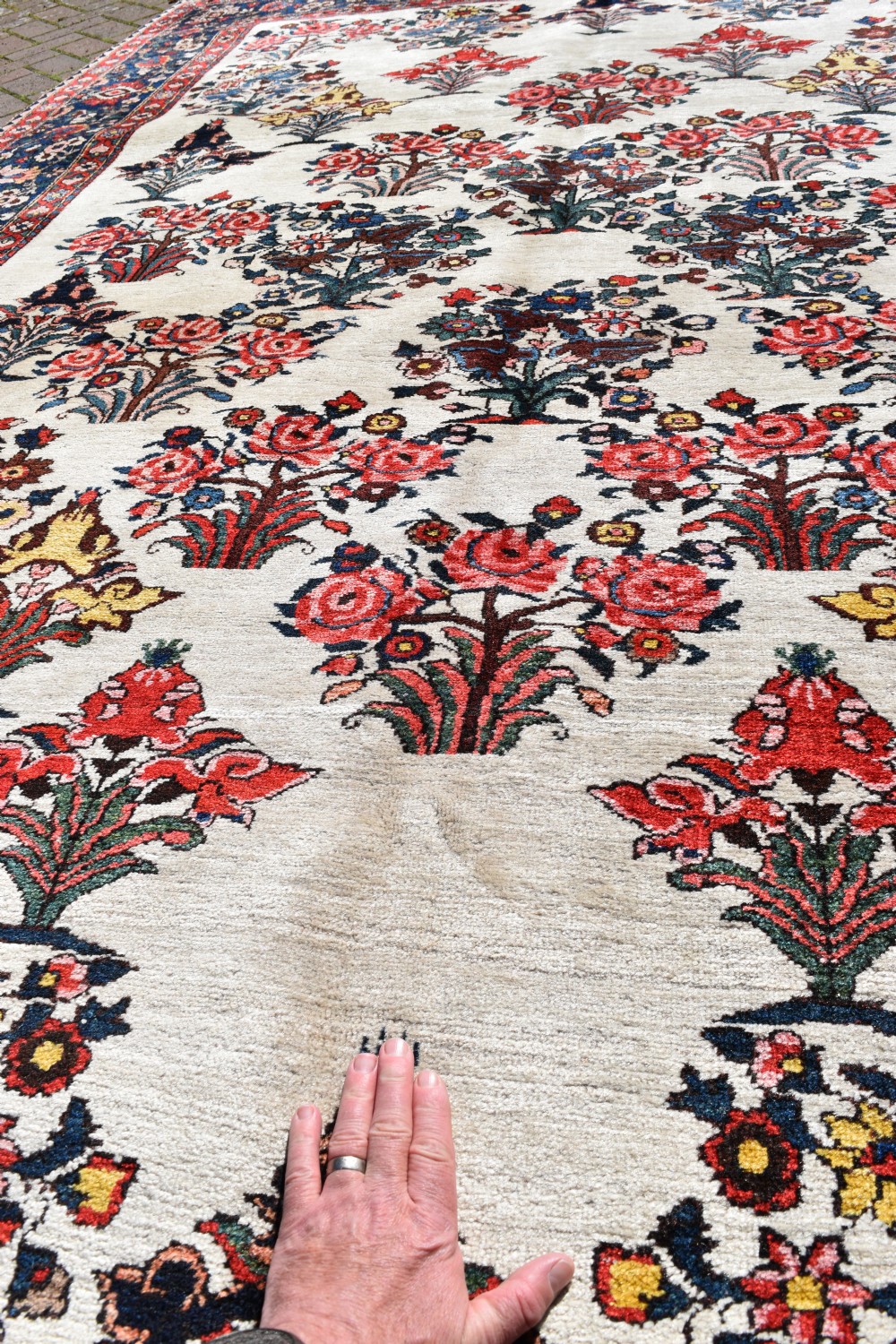 A large hand-knotted Bakhtiari carpet featuring an ivory field filled with repeating floral shrub motifs framed by a wide navy blue and red ornate border. View III