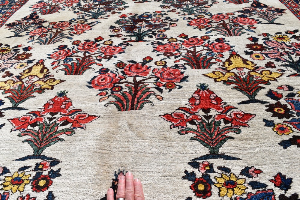 A large hand-knotted Bakhtiari carpet featuring an ivory field filled with repeating floral shrub motifs framed by a wide navy blue and red ornate border. View IV