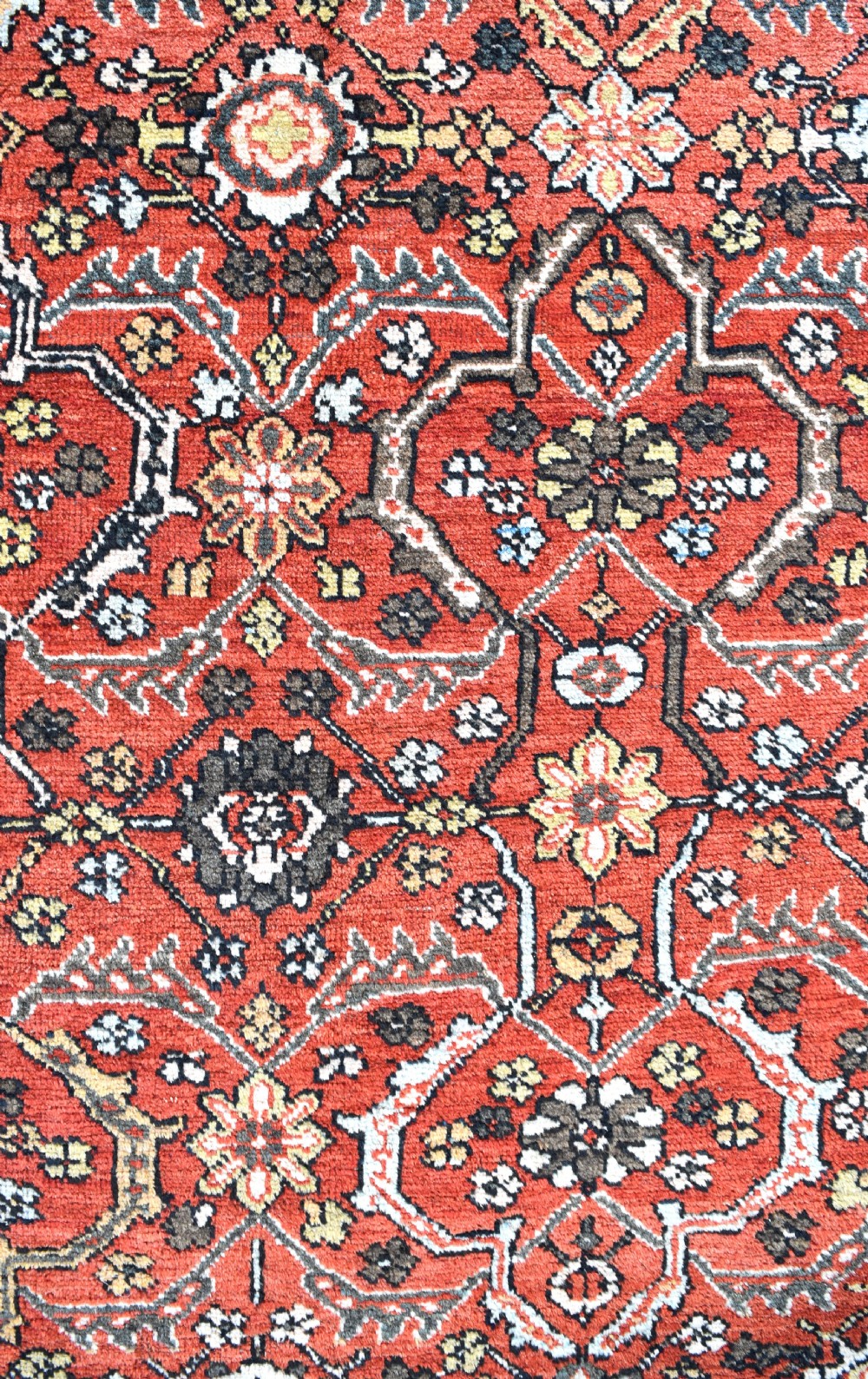 A large rectangular antique Mahal carpet featuring an all-over intricate floral lattice pattern in terracotta red and cream framed by a wide navy border. View VI
