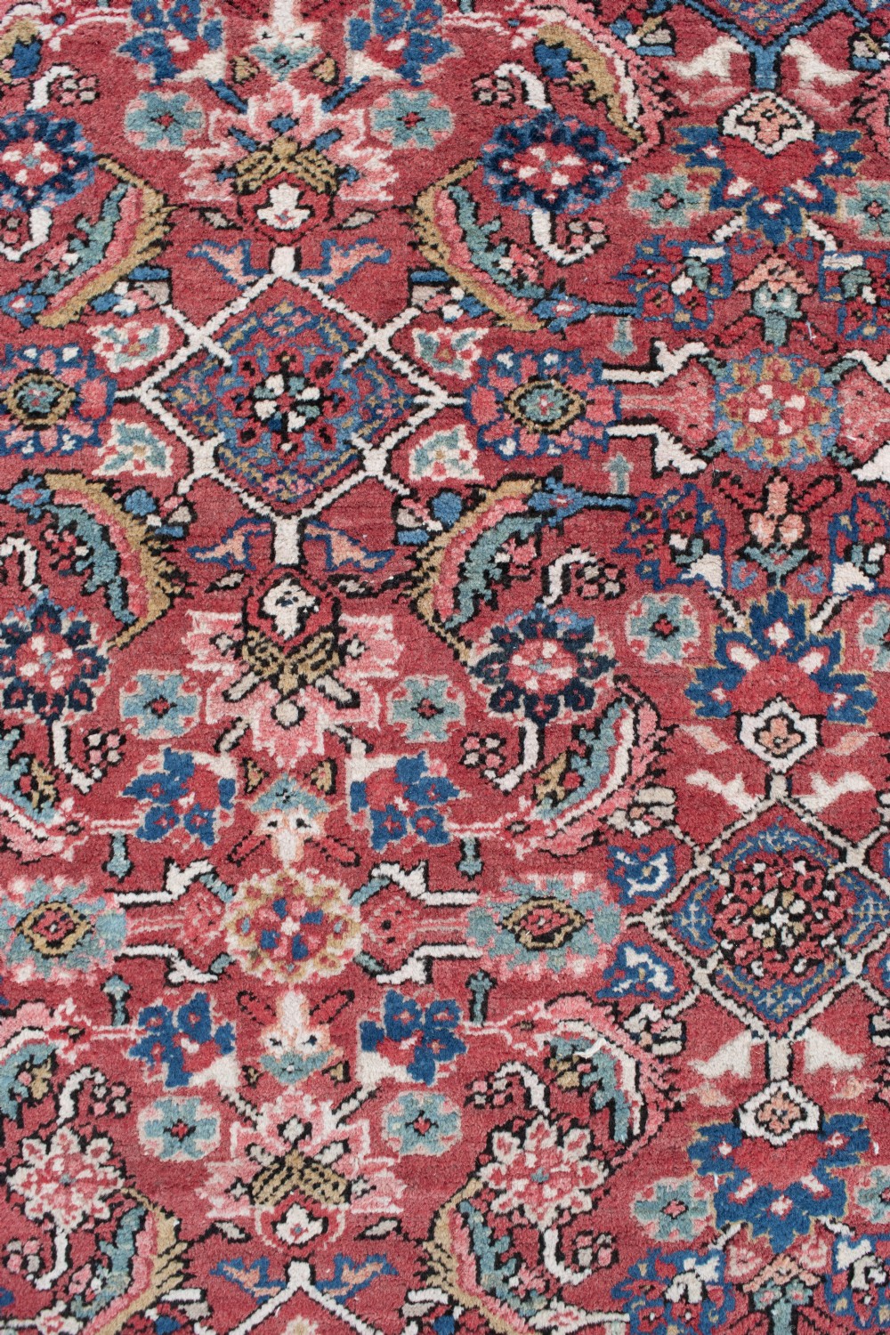 An antique Persian Heriz wool rug featuring a rich red field decorated with intricate geometric floral motifs framed by a dark navy blue patterned border. View VI