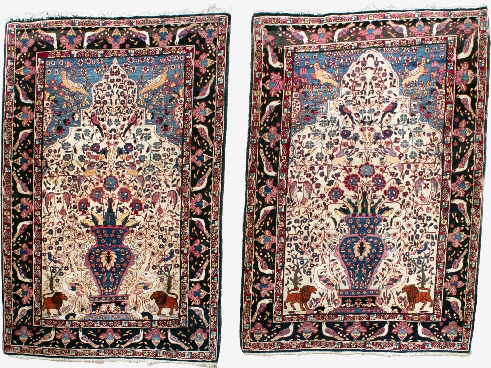 A pair of antique hand-knotted prayer rugs featuring ivory fields decorated with central vase and bird motifs under arched blue mihrabs.