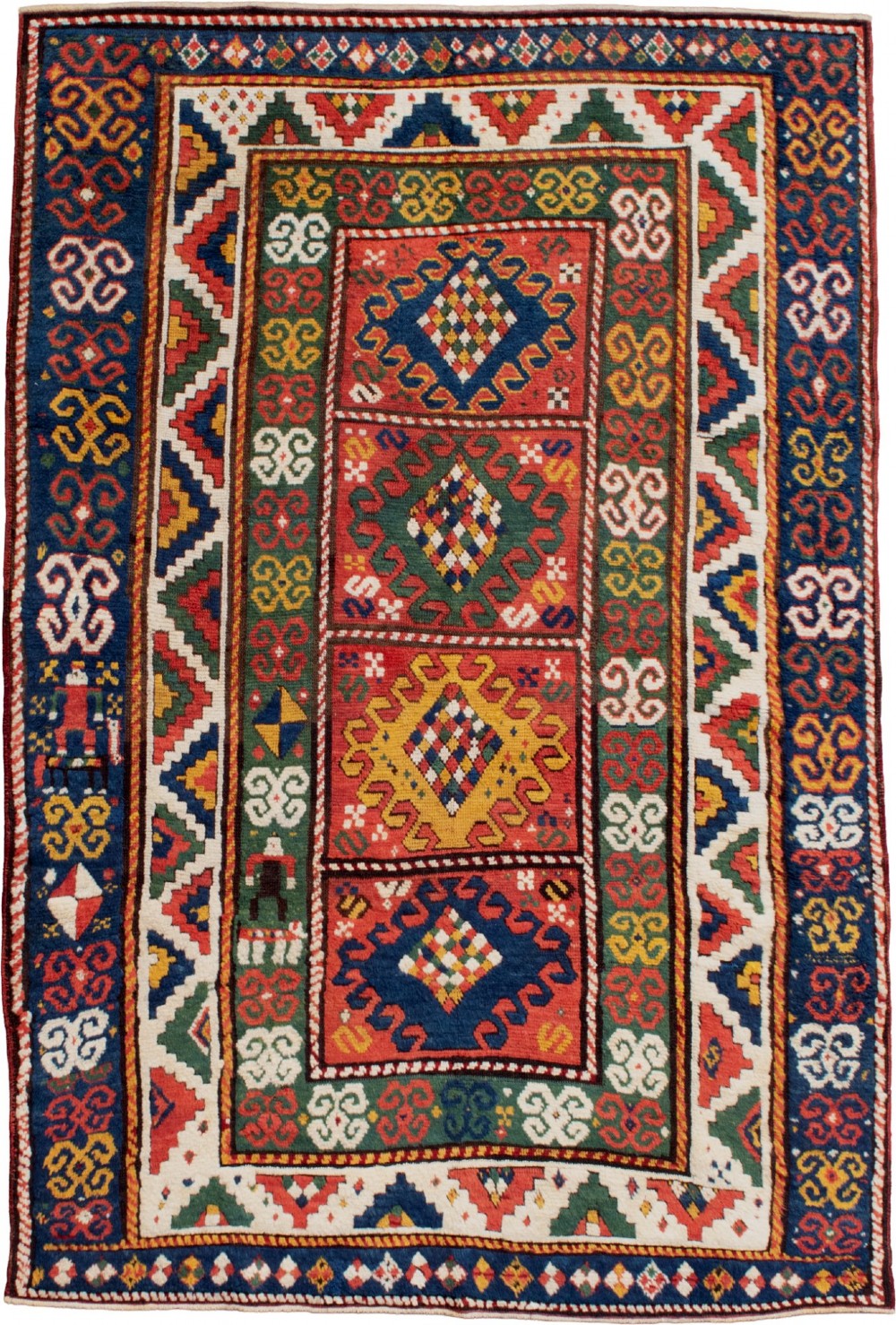 An antique Borchalu Kazak wool rug featuring stacked central diamond medallions surrounded by geometric borders in red, blue, green, and cream.