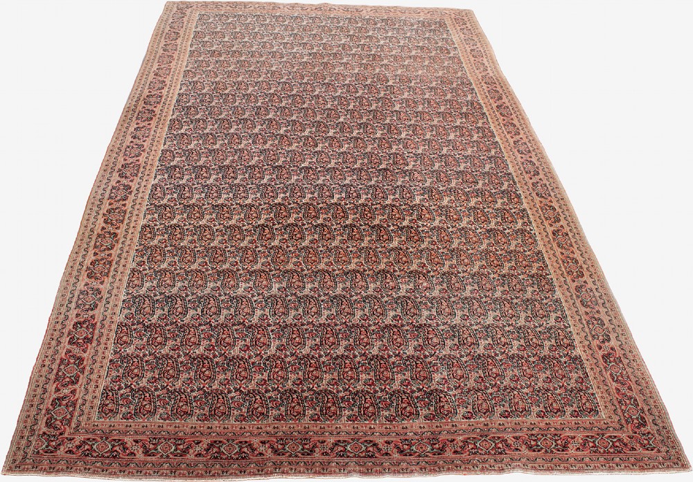 A rectangular hand-knotted Persian Dorush carpet featuring an all-over repeating boteh pattern in terracotta red and cream with multi-tiered borders. View III