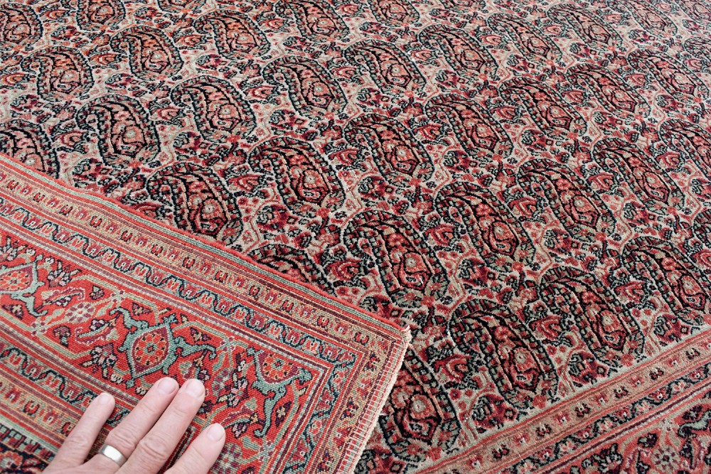 A rectangular hand-knotted Persian Dorush carpet featuring an all-over repeating boteh pattern in terracotta red and cream with multi-tiered borders. View VI