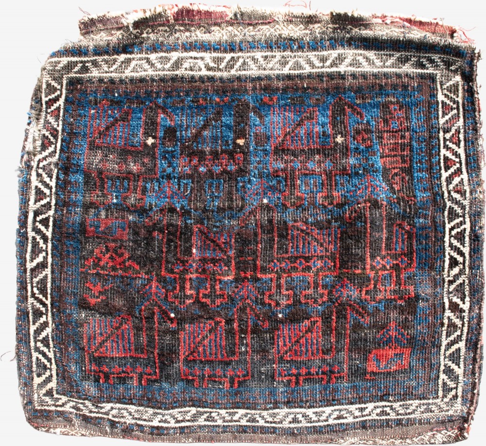 An antique square handwoven Baluch wool bag face featuring rows of stylised terracotta and blue bird motifs on a dark brown ground framed by a white geometric border.