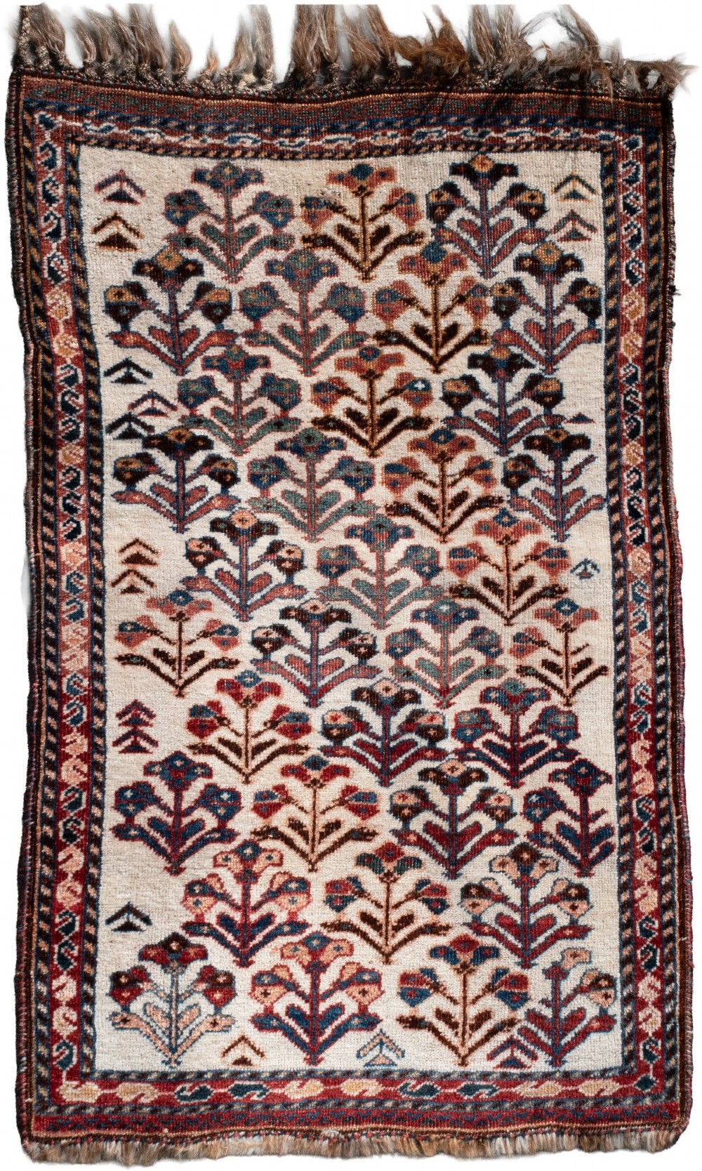 An antique hand-knotted Afshar wool rug featuring stylised floral motifs on a cream field within a geometric patterned border.