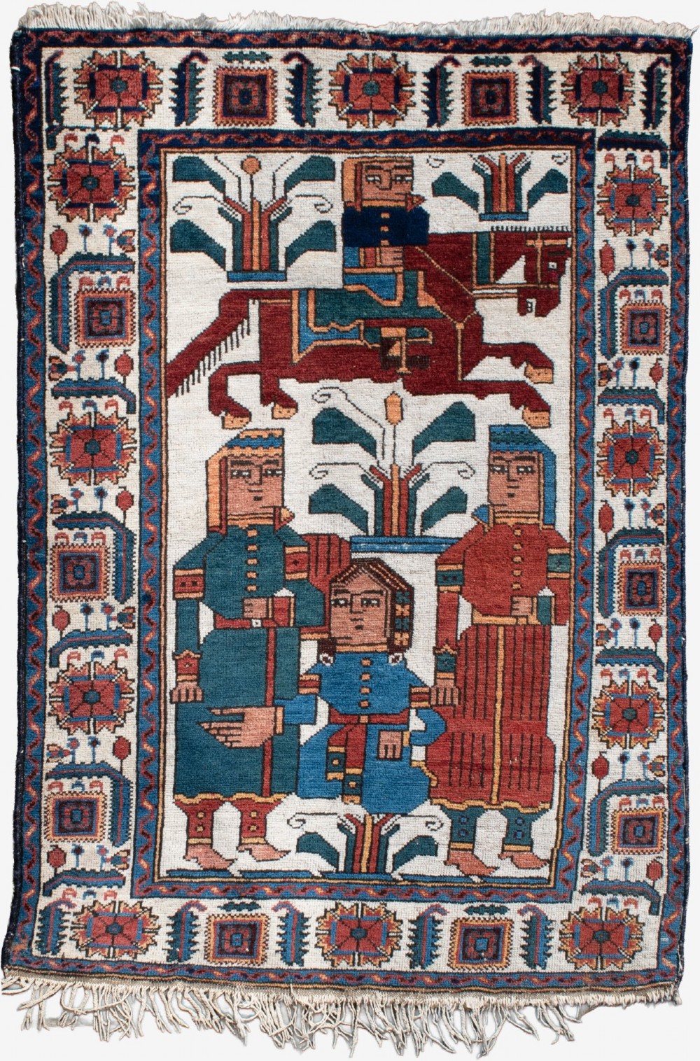 An antique Baluch pictorial wool rug featuring figurative human characters and a rider on horseback on a cream central field with geometric borders.