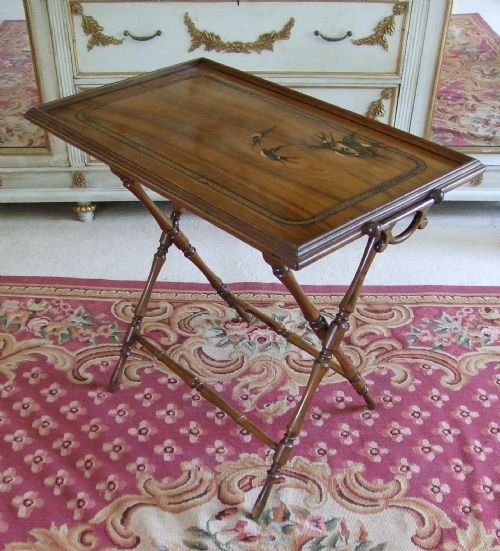 An Unusual Sorrento Ware Inlaid Walnut Butler's Tray on Stand