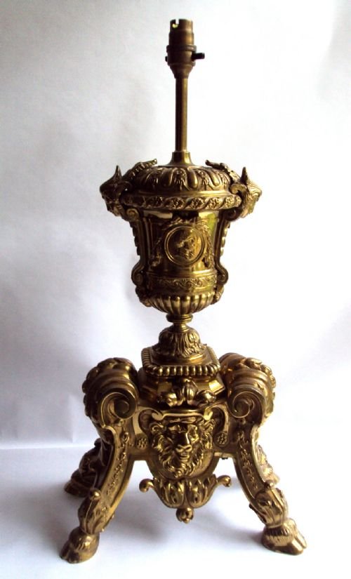 A Large Antique French Ormolu Table Lamp Fashioned from a Chenet