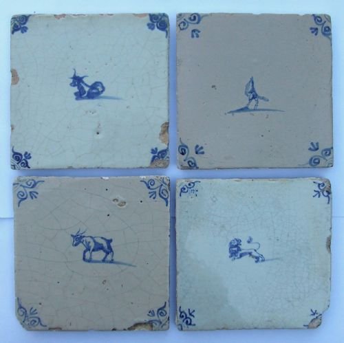 Four 18th Century Delft Blue & White Tiles Painted with Animals