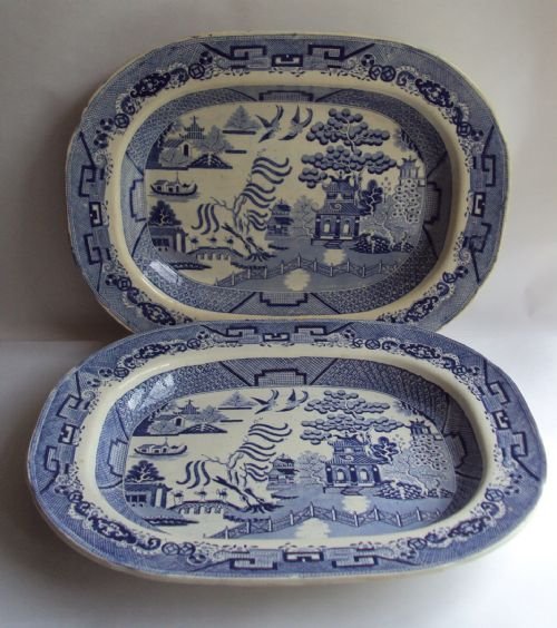 A Pair of Swansea, Dillwyn & Co, Willow Pattern Blue & White Meat Plates