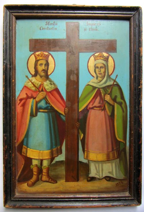 Antique Romanian Icon of St Constantine & St Helena; Oil on Panel