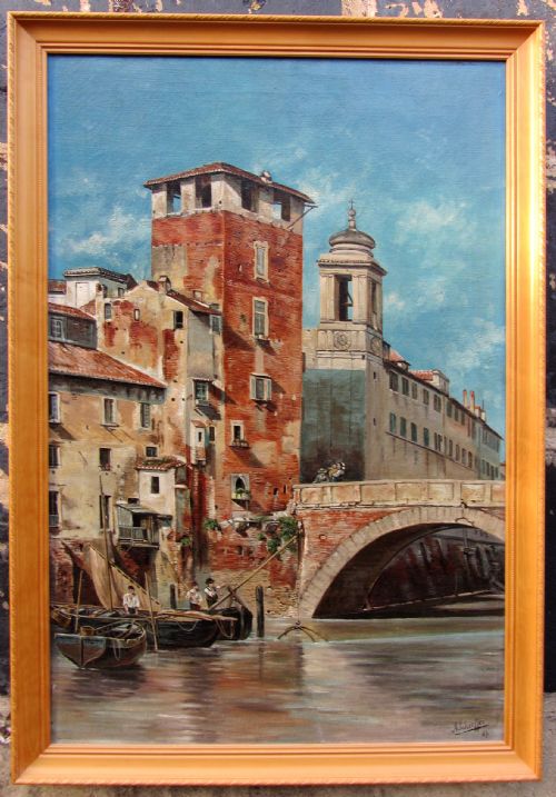 A Venetian Scene Oil on Canvas by A. Schieffer Dated 1907