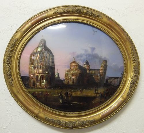 Grand Tour Convex Reverse Glass Painting of Piazza Dei Miracoli Pisa