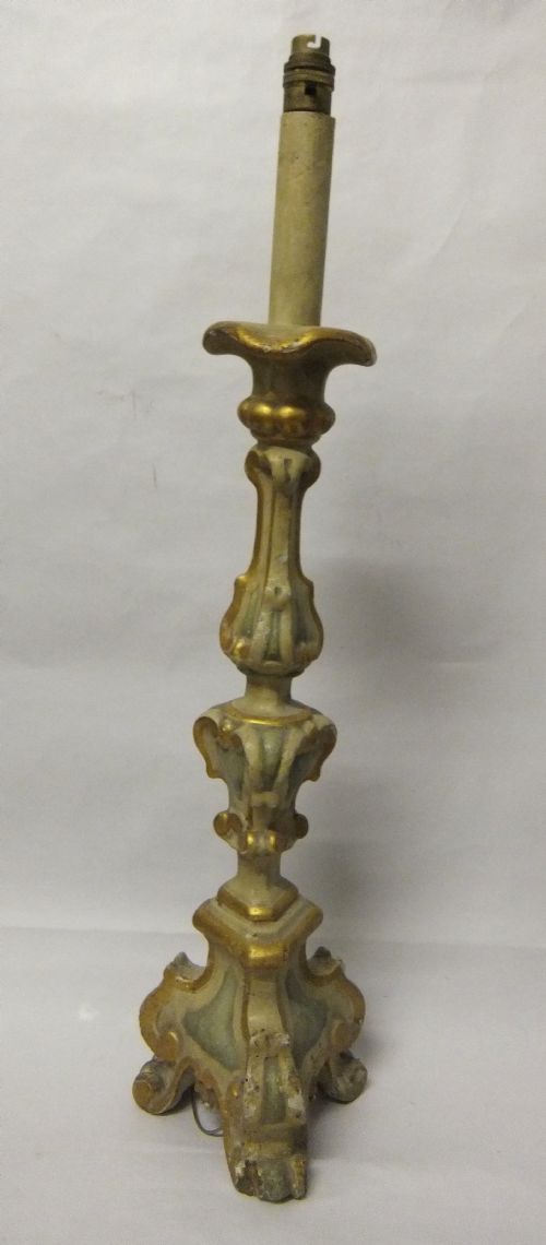 Antique Italian Giltwood & Painted Pricket Stick Table Lamp
