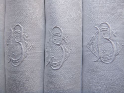 Eleven Antique French Monogrammed White Damask Napkins, Large Size