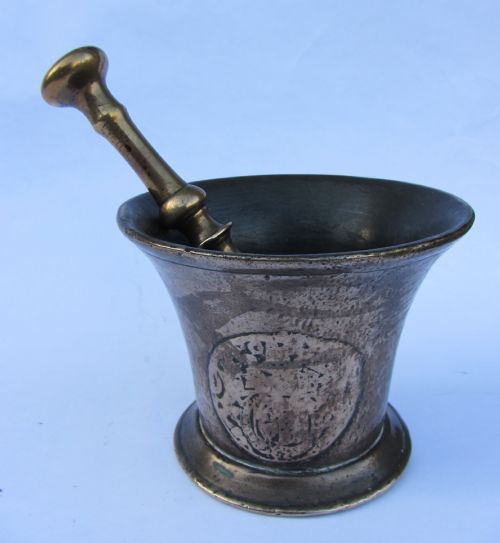 17th Century Apothecary's Bell Metal Mortar & Pestle with English Armorial Cartouches