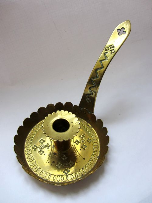 Victorian Gothic Brass Chamberstick with Punchwork Decoration and 'Good Night' Motto