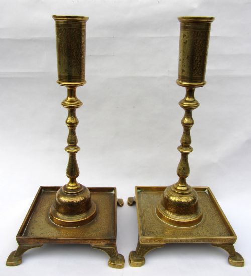 A Good Pair of Indian Foliate Engraved Brass Candlesticks of Unusual Design