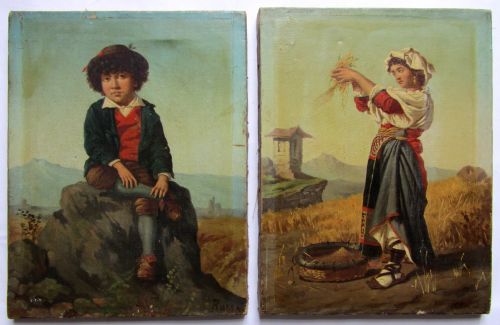 Pair of Roman Grand Tour Oils of a Boy and Girl in Traditional Italian Costume