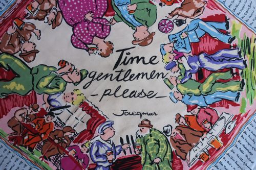 fig 1. Superb Jacqmar WWII Propoganda Scarf 'Time Gentleman Please' designed by Arnold Lever