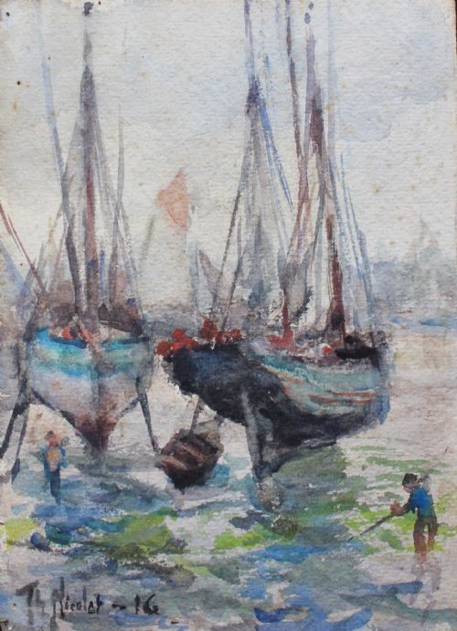 Theophile Nicolet (Belgian/american)watercolour Sketch of Fishing Boats