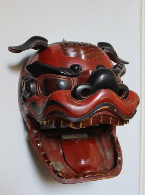 Antique Japanese Lacquer Lion Dog Processional Mask Circa 1880