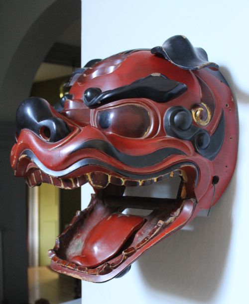 fig 1. Antique Japanese Lacquer Lion Dog Processional Mask circa 1880