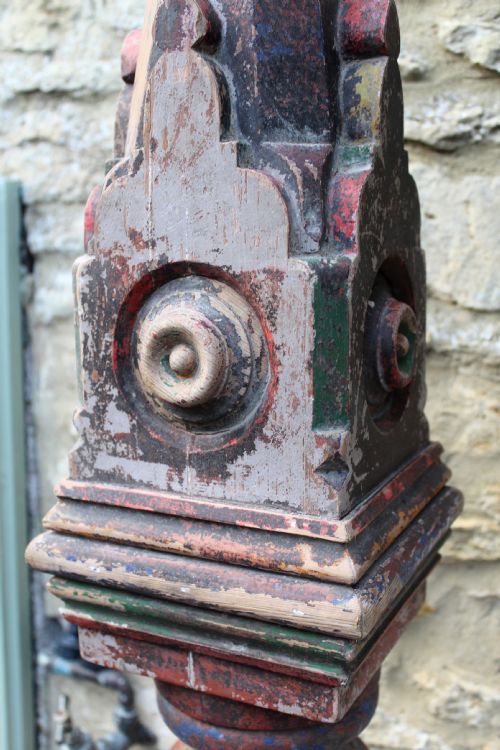 A Victorian Gothic Pitch Pine Architectural Newel Post, with Original Paint