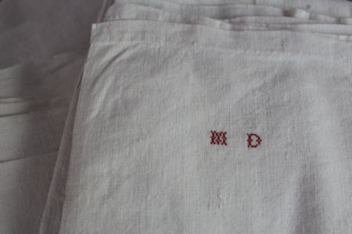 A Pair of Antique French Monogrammed Metis Linen Sheets